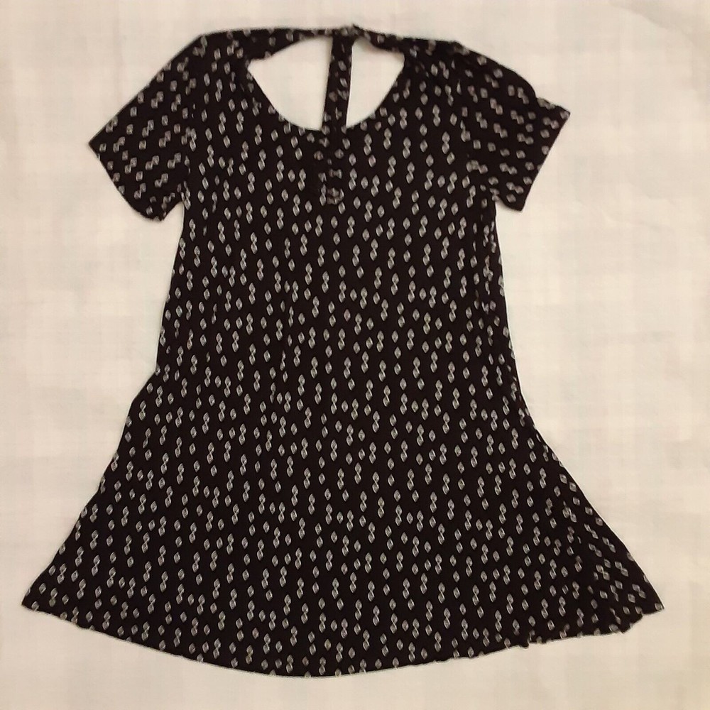 Falls Creek Women Medium Black Midi Dress Short Sleeve Tie Neck Geometric Design